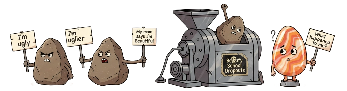 Ugly rocks going into a tumbler and coming out beautiful